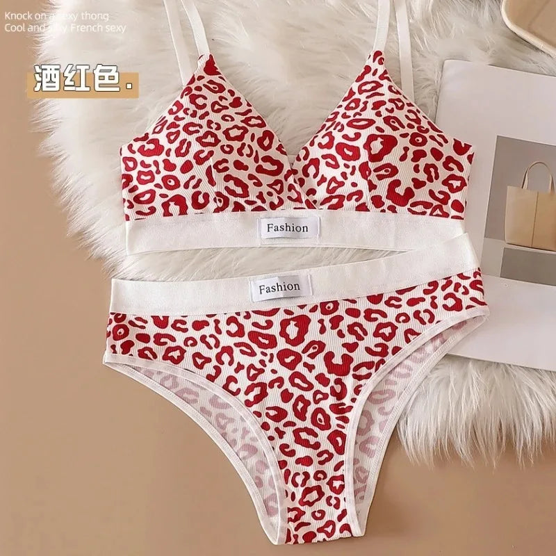2025 Summer New Women's Leopard Print Traceless and Steel Rim Bra Adjustable Shoulder Strap Back Women's Underwear Set