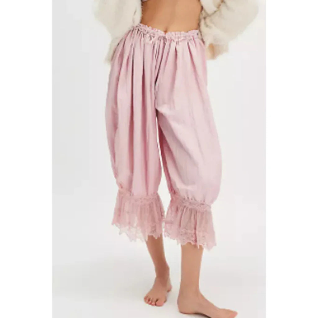 Combhasaki Women's Y2K Loose Fit Bloomers Cropped Pants Drawstring High Waist Floral Lace Patchwork Calf-Length Lantern Trousers