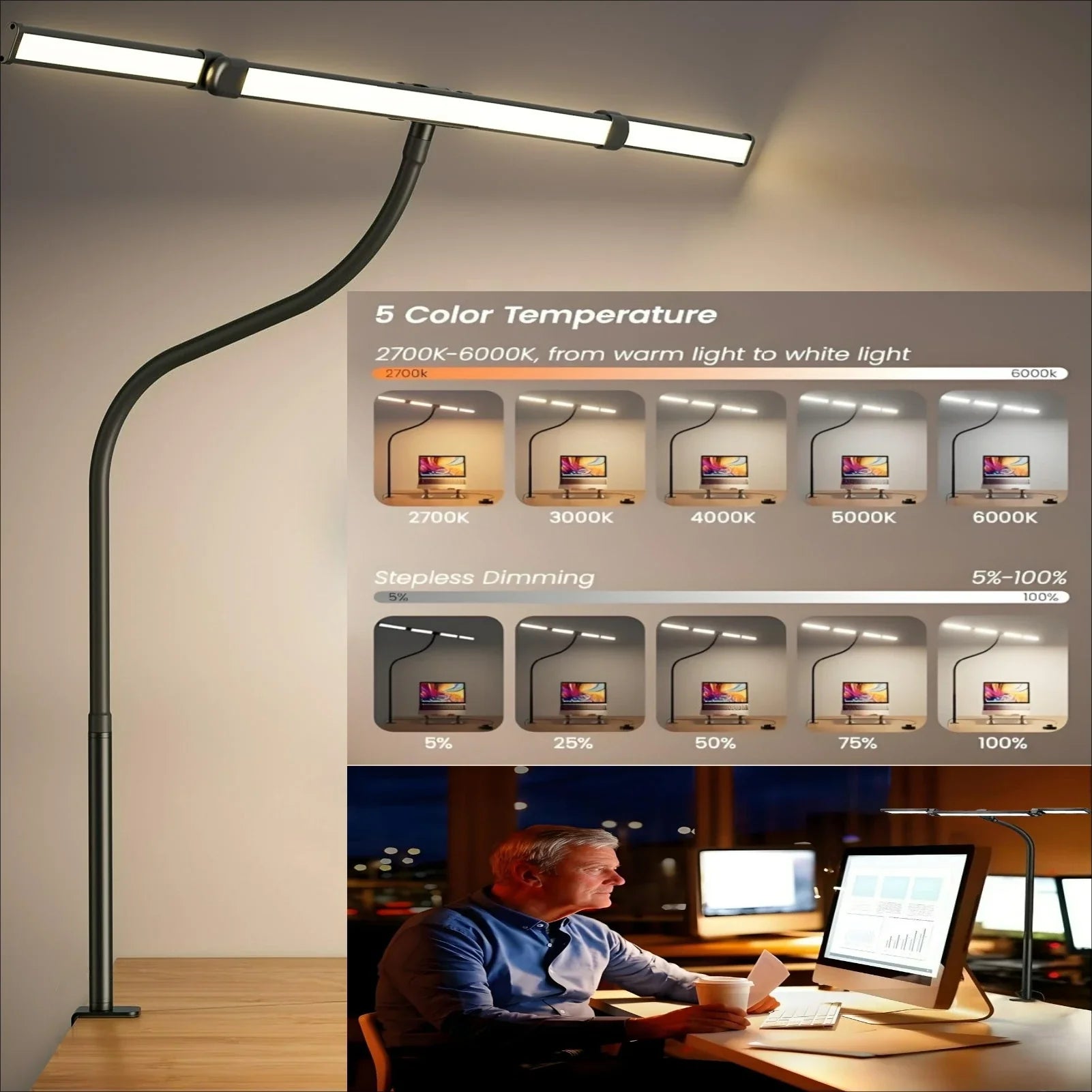LED Desk Lamp with Clamp Remote Dimming 24W Ultra Bright Desk Lamp for Home and Office Architects Paired with Ambient Lighting
