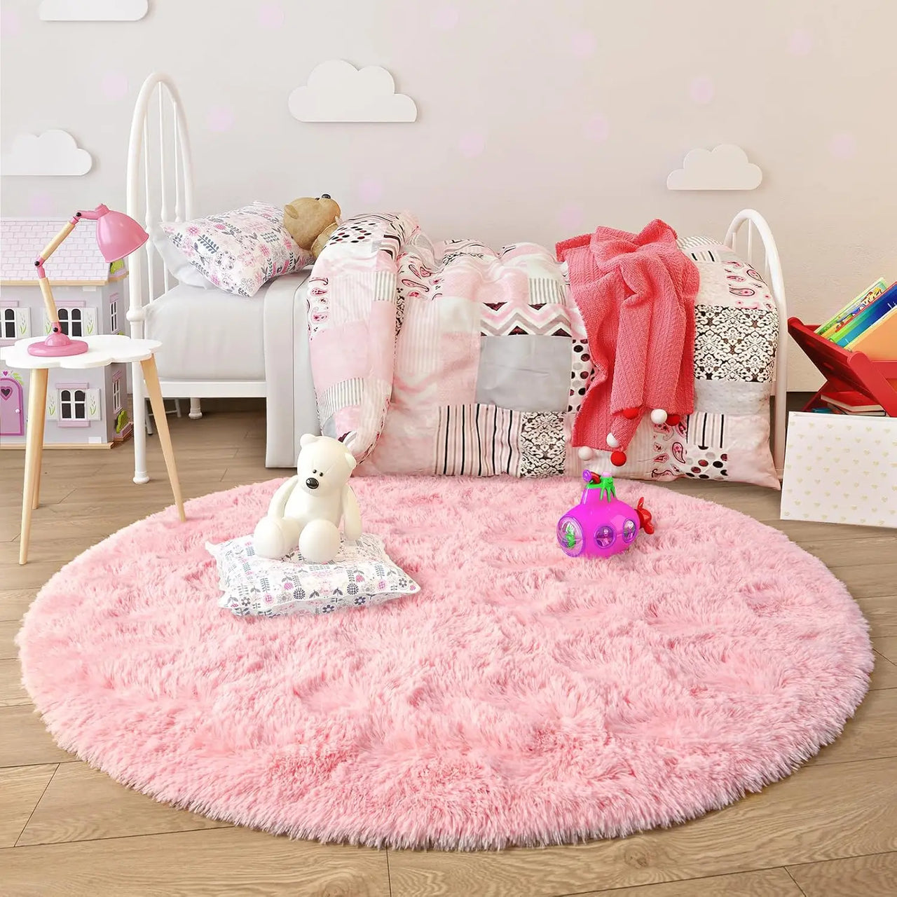 VIKAMA Pink Round Carpet Fluffy Soft Area Floor Mat Children Girls Room Princess Castle Plush Carpet Living Room Home Decor