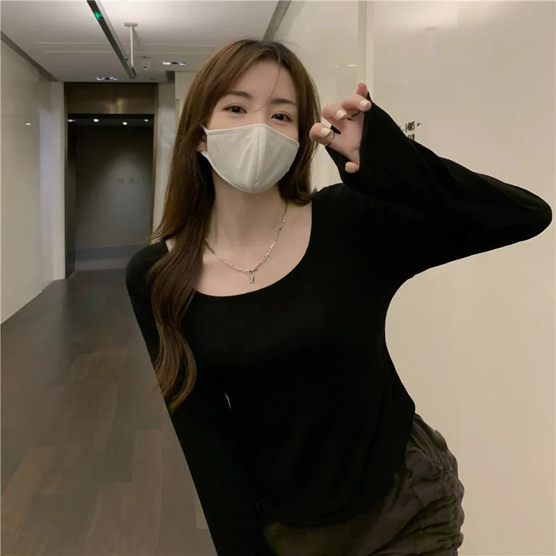 Women's temperament elegant bottoming thin section long-sleeved T-shirt irregular Slim short tops bottoming shirt