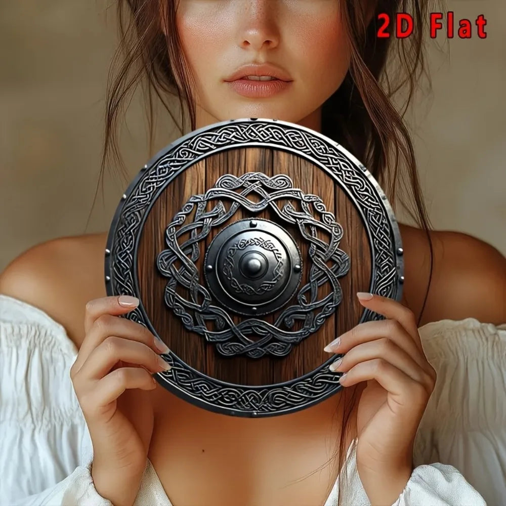 Norse Viking Shield Metal Wall Decor 2D Flat with Celtic Knots Dark Brown Home Office Bar Cafe
