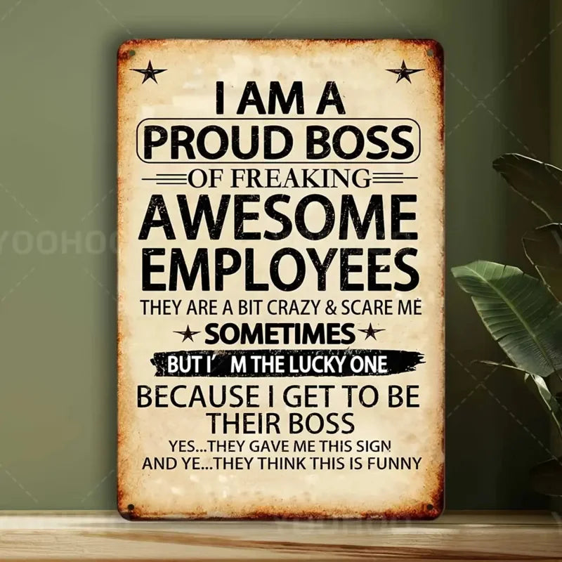 1 Piece 'Awesome Employee's Proud Boss' Aluminum Sign, 8x12 Inches - Humorous and Motivational Wall Art with Vintage Design