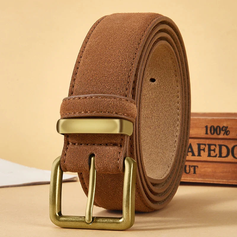 Luxury Suede Cowhide Leather Belt for Women, Vintage Style with Gold Buckle, 3.5cm Wide Waistband for Dresses & Jeans 2042