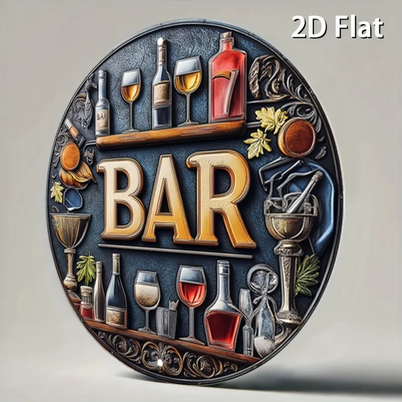 2D Flat, 1pc Vintage Metal Bar Sign - Elegant Wine & Glasses Design, Retro Aluminum Round Wall Art for Bars, Cafes, Beach Houses