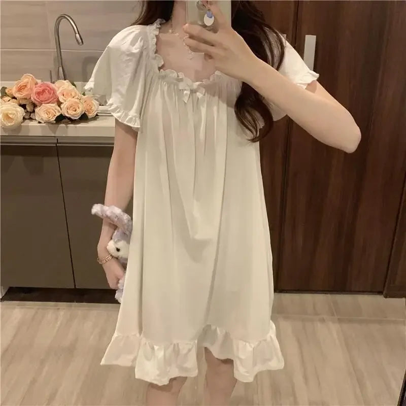 White Mid Length Nightgowns Summer Pajamas Women's Home Clothes New Dress Korean Sleepwear For Sleeping Sexy Nightwear Woman Top