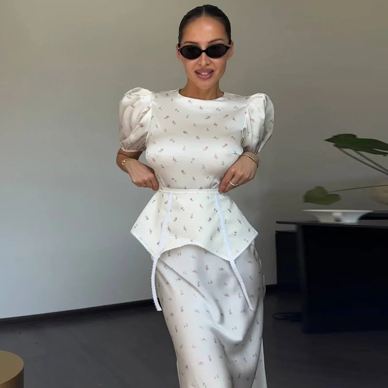 Women's White Floral Print Puff Sleeve Dress With Waistband Fashion Satin Ruffled Hem Maxi Dress Lady 2026 Elegant Party Robes