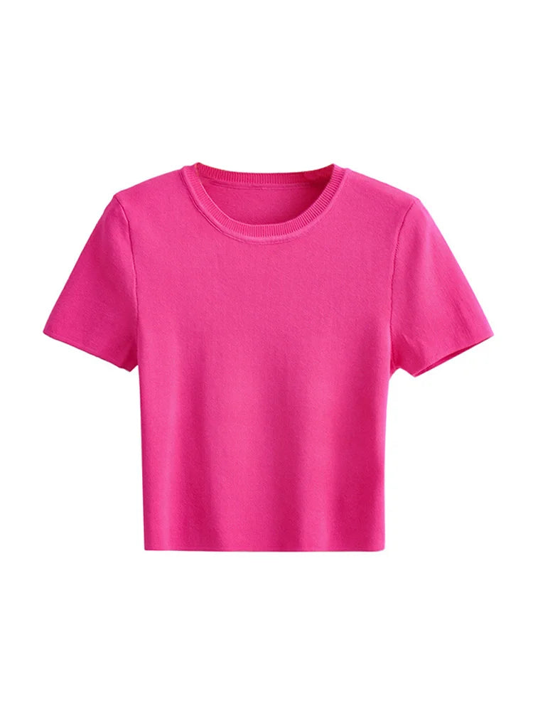 Women Fashion Striped Basic Cropped Knit Sweater Vintage O Neck Short Sleeve Female Pullovers Chic Tops