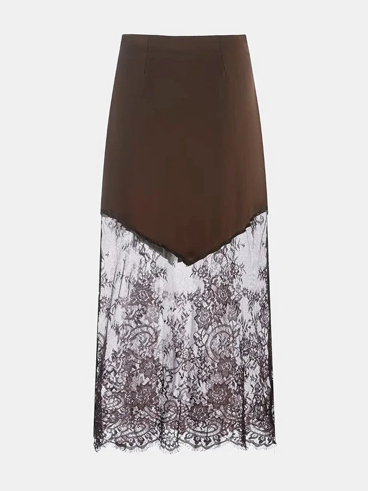 Trendix Women Patchwork Lace Skirts 2025 New High Waist Slim Hollow Out Maxi Skirts Autumn Brown Fashion Party Club Boho Skirt