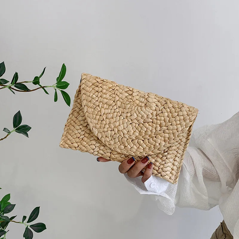 Women Fashion Flap Envelope Bags Summer Beach Bag Handmade Wallet Straw Knitted Handbag Lady Coin Phone Long Purse Clutches