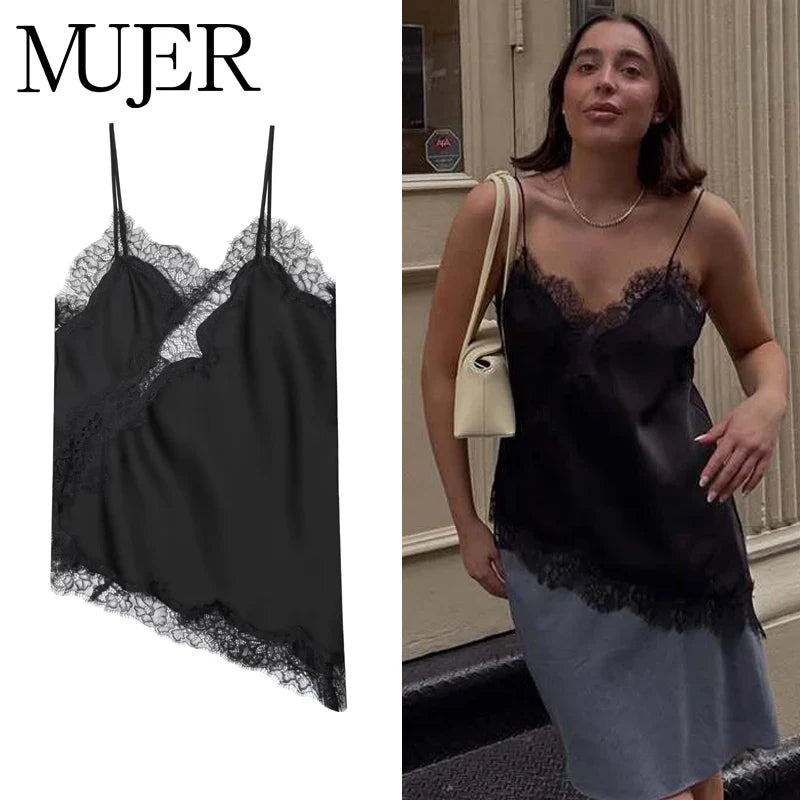MUJER Black Lace Tops for Women Camisole Sexy Backless Tops Woman 2025 Summer Sleeveless Women's Tops Straps Beach Top Female