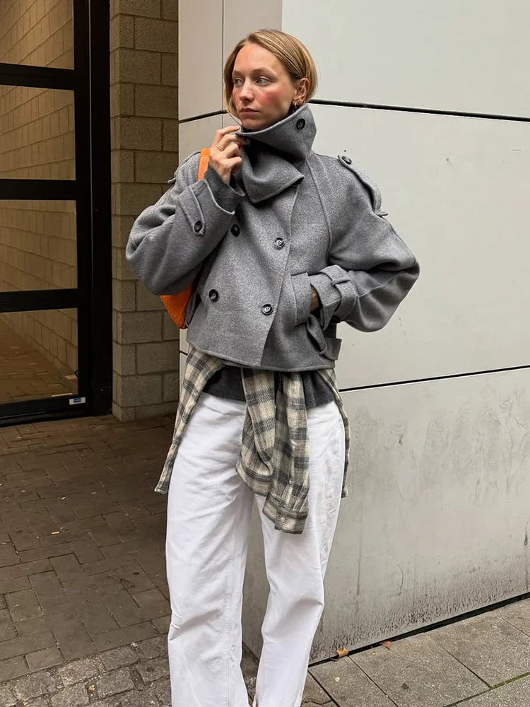 Women Turtleneck Grey Woolen Cropped Coat Chic High Collar Double Breasted Pocket Lace Up Short Overcoat Lady Daily Street Coats