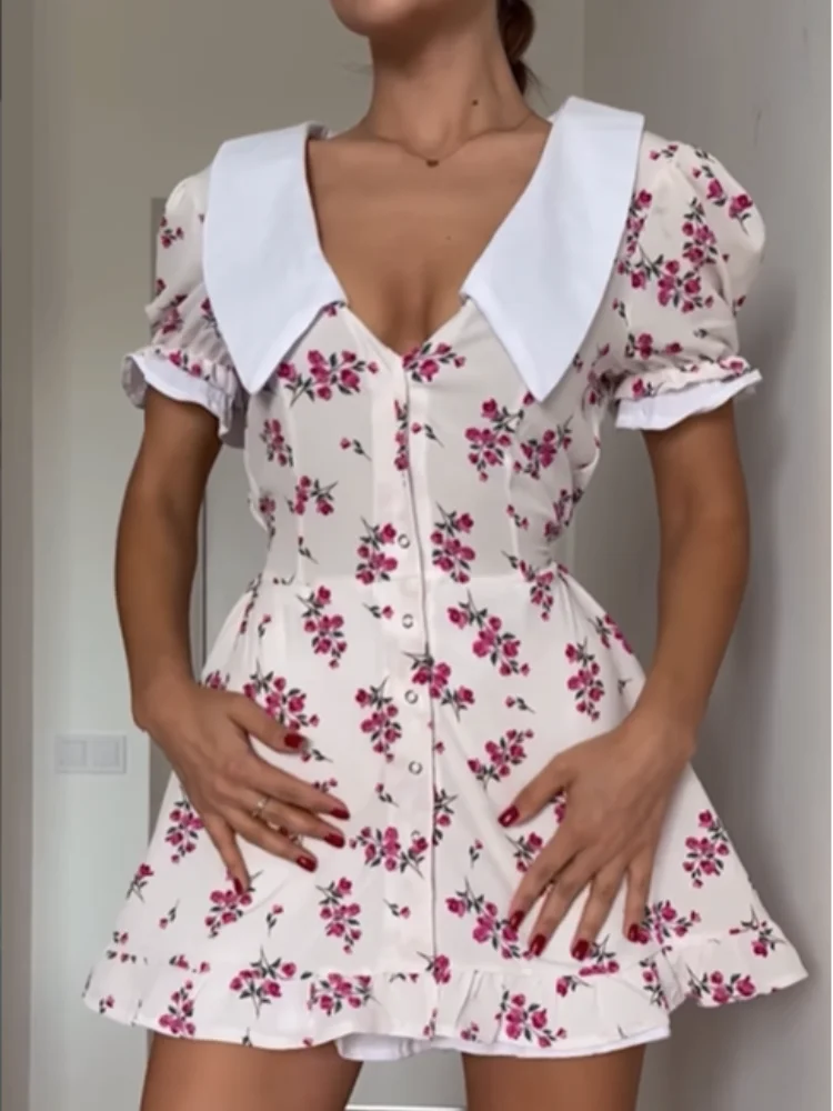 Women Sweet Floral Print Short Dress Elegant V Neck Puff Sleeves Layered Ruffles Vestidos 2026 Summer Female Party Chic Dresses