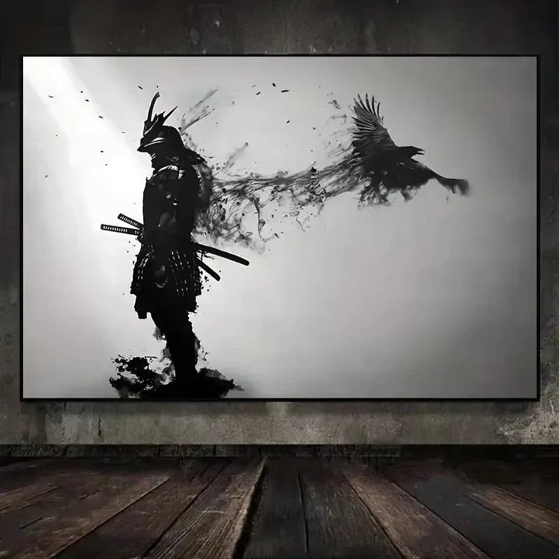 Black and White Japanese Black Samurai Man with Crow Posters and Print Wall Art Canvas Painting for Living Room Cuadros Decor