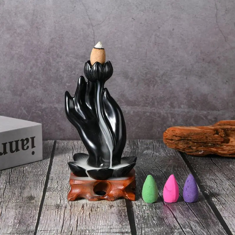 Buddha hand lotus reflux incense burner, waterfall incense burner, reflux incense burner handmade resin waterfall incense holder