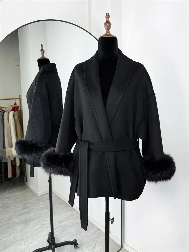 Tossy Fox Fur Wool Overcoat Women's Short Coat Office Lady Elegant Double-sided Woolen Coat 2025 New Cardigan Jackets Loose Wool
