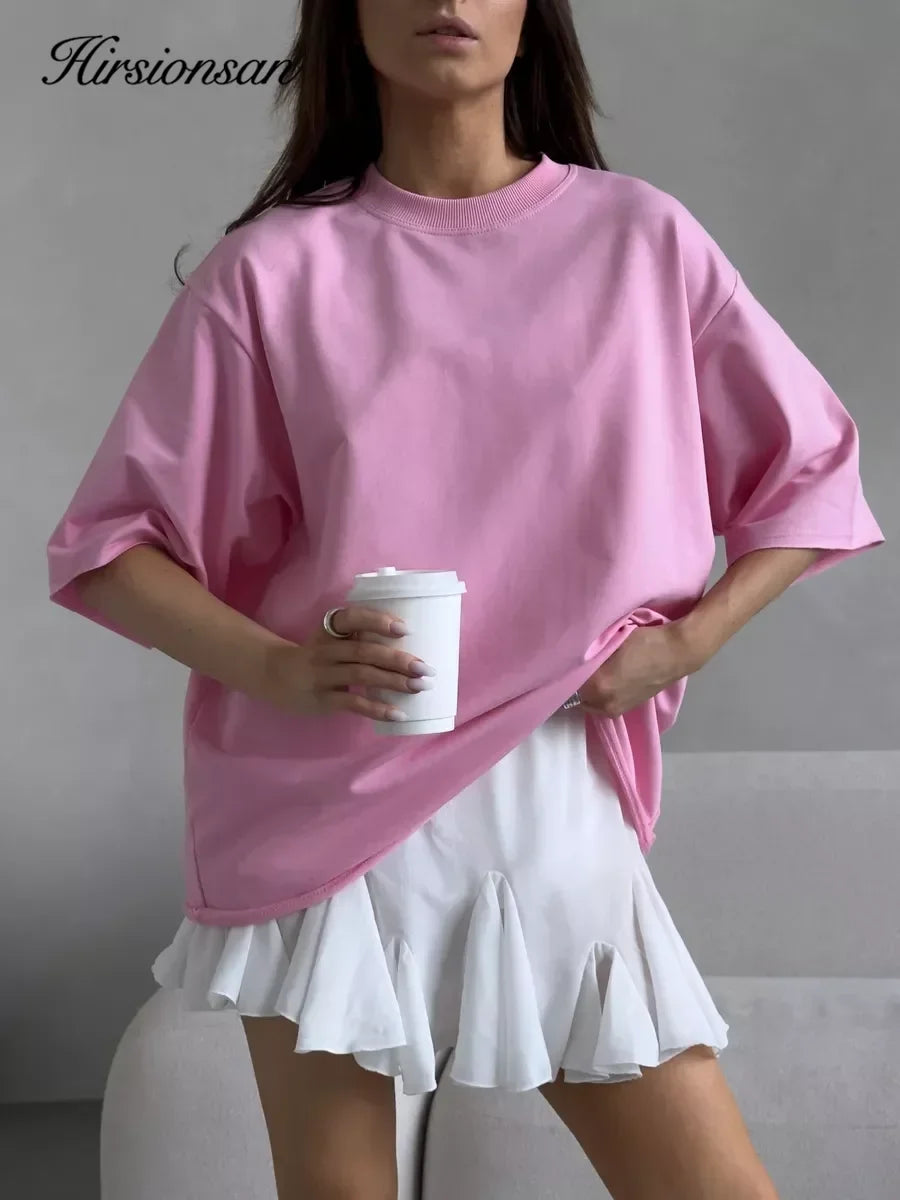 Hirsionsan Summer Casual Oversized T-shirts Women 100% Cotton Pink Loose Tees 2025 New Cusual Solid O Neck Female Aesthetic Tops