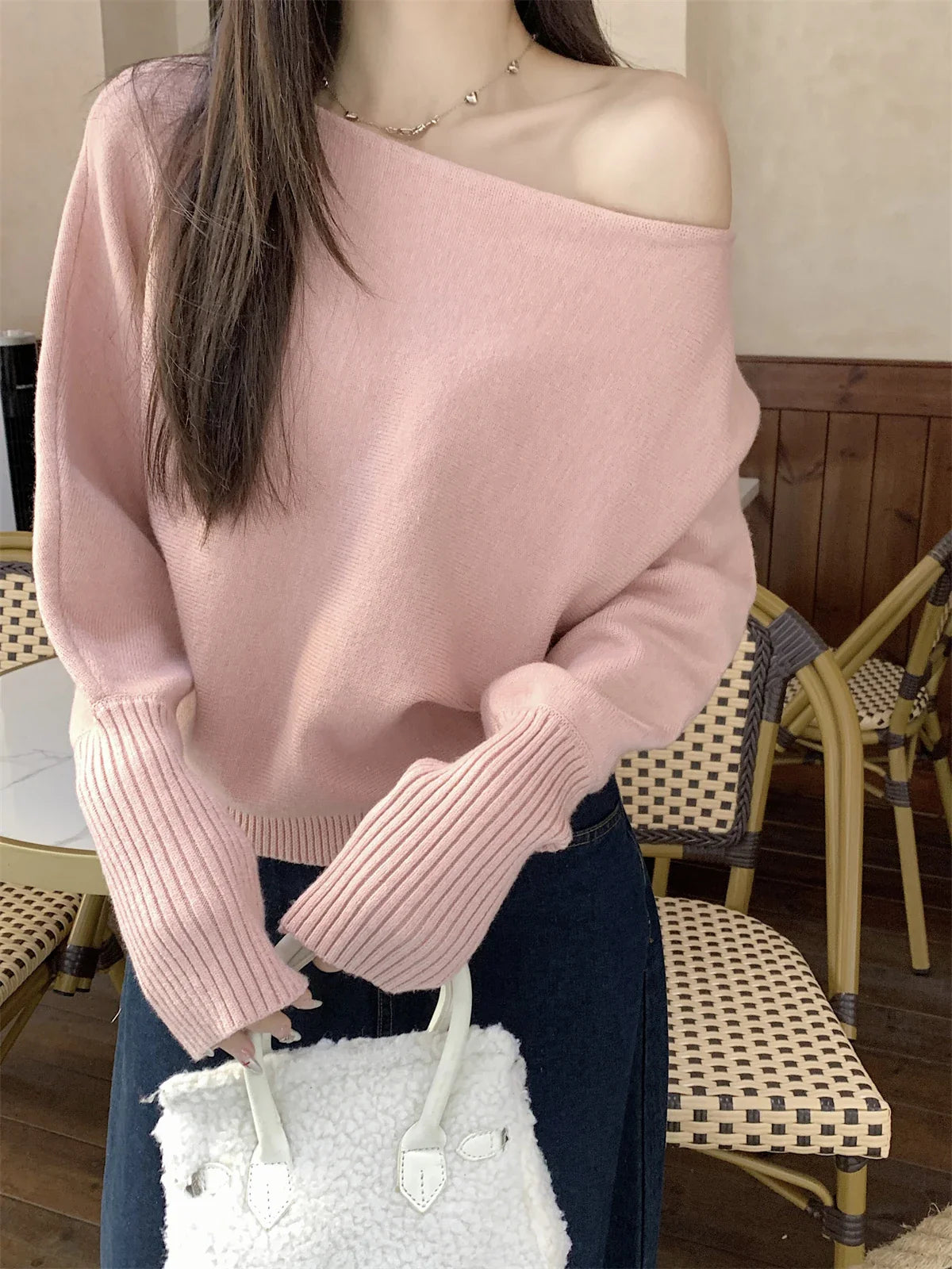 Off Shoulder Knit Top for Women Slash Neck Rib-knit Batwing Sleeve Sweater Pullovers Autumn Winter Korean Fashion Outfit
