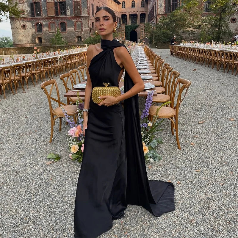 Elegant Women's Ribbon Long Satin Party Dress Halter Backless Sleeveless Female Dresses 2026 Summer Lady Solid Evening Gowns