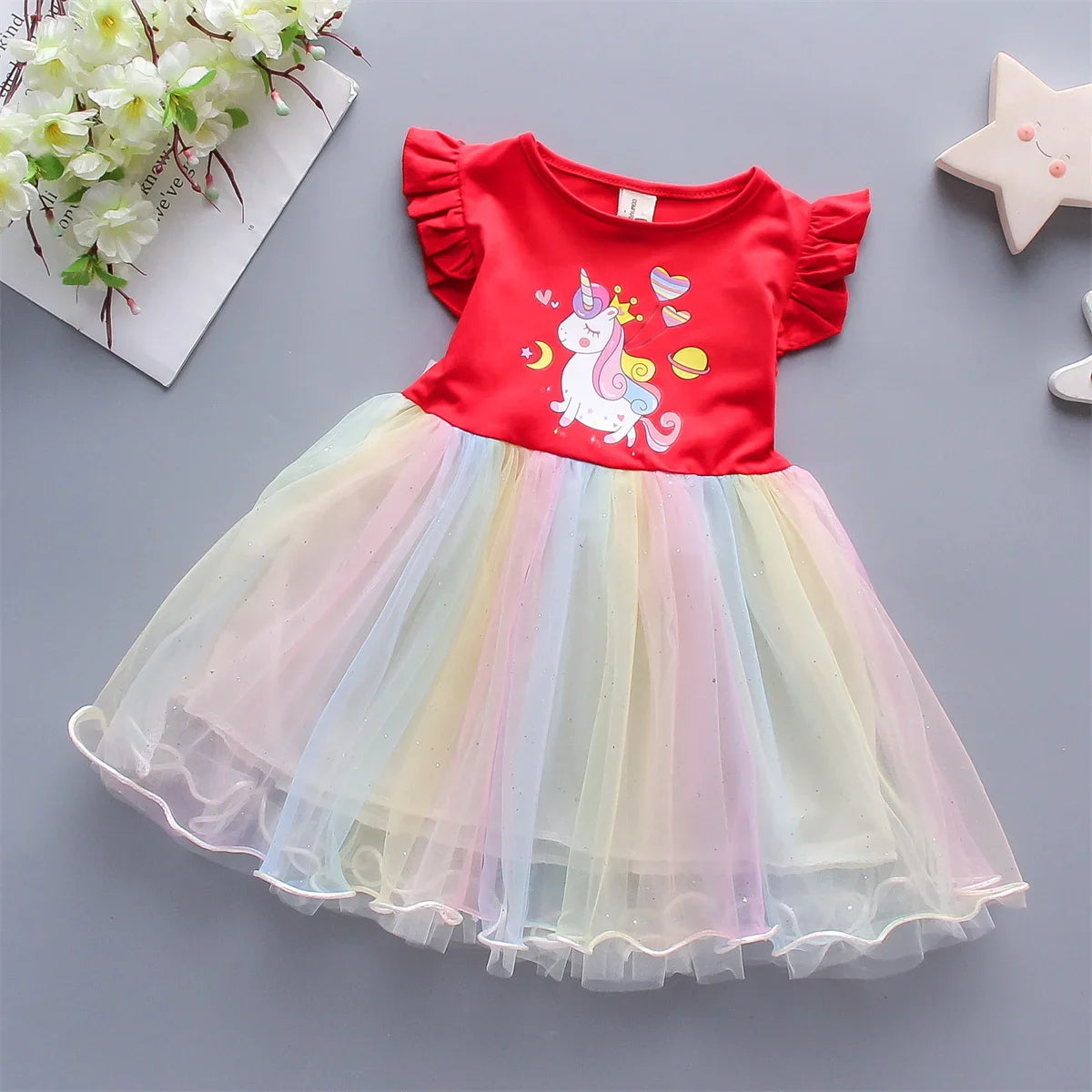 A Cute Girl'S Dress From 0 To 3 Years Old In Summer Sleeveless Love Trojan Horse Print Patchwork Rainbow Mesh Daily Casual Dress