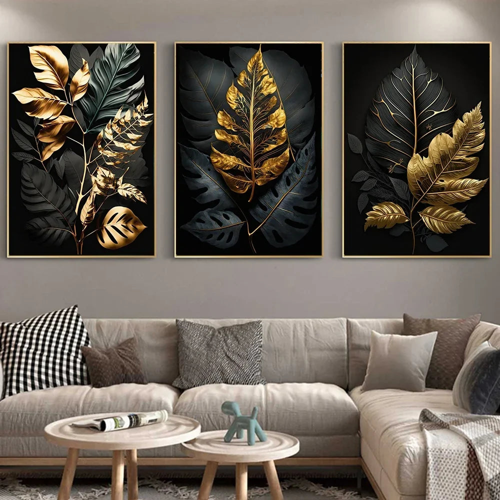Nordic Abstract Wall Art Plants Modern Luxury Black and Gold Leaves HD Canvas Print Poster Home Living Room Bedroom Decoration