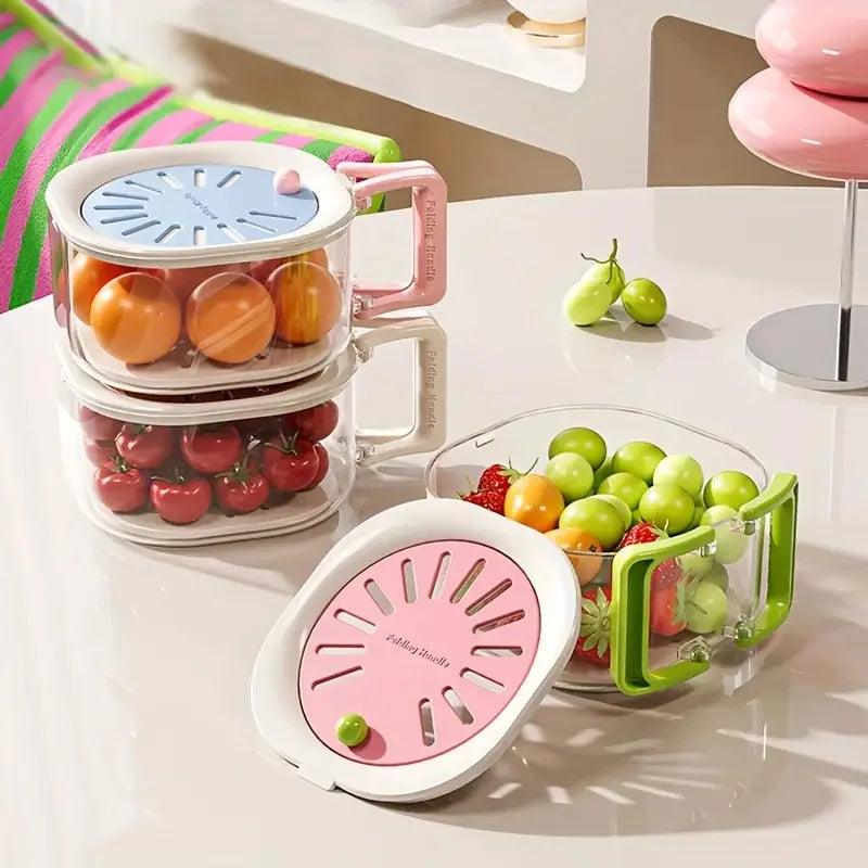 2-in-1 Double Layer Drain Basket Fruit Drainer Container with Foldable Handle Food Strainer Thickened Fruit Plate Easy to Clean