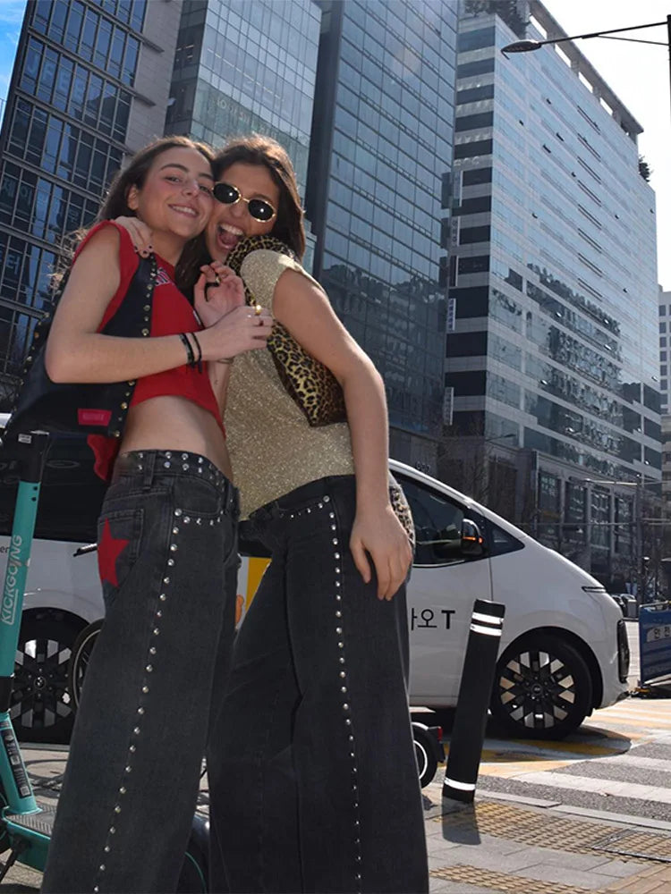 Trendy Women's Denim Jeans Pant High Waist Baggy Pants With Bead Studs Y2K Style High Street Jeans Female Casual Chic Trousers