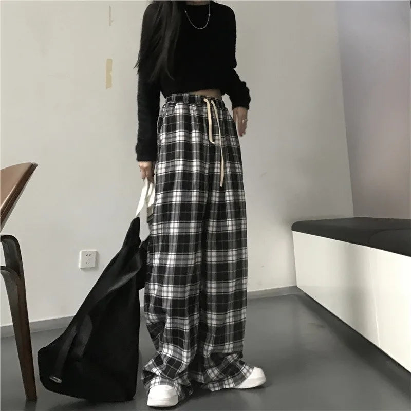 Casual sports pants, fashionable black checkered pants, loose elastic waist pocket, wide leg pants, neutral hip-hop loose pants