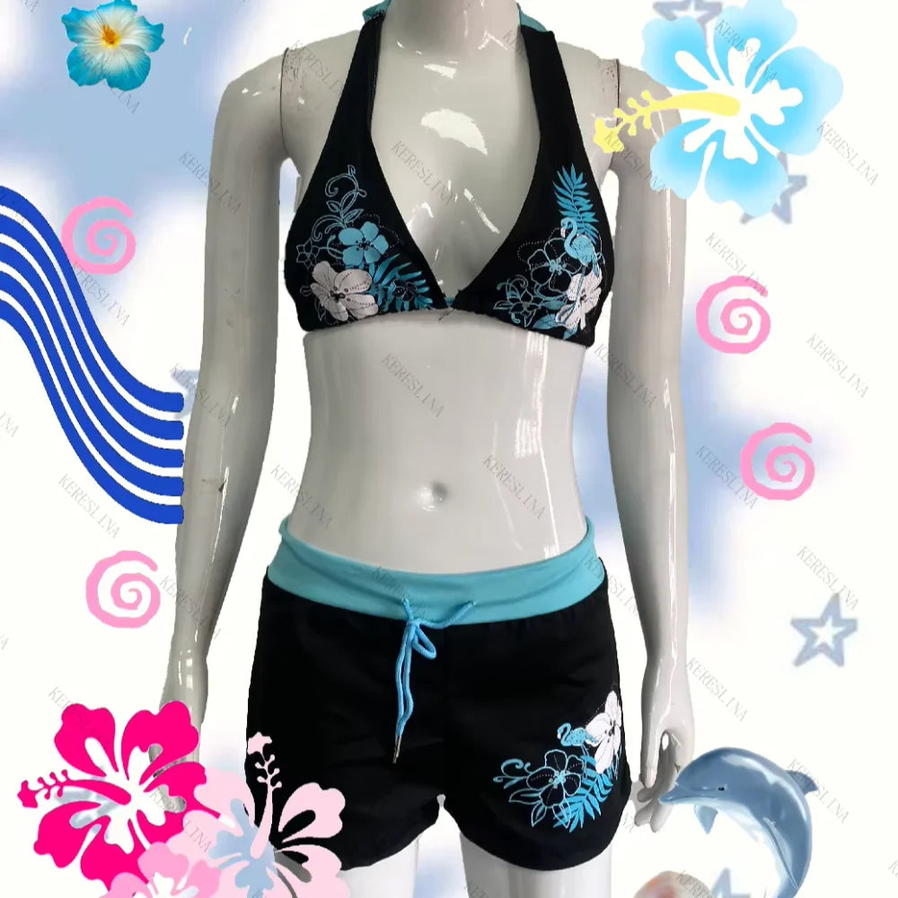 Vintage Flower print Cutie 2 set Bikini 2000s Swimsuit Sexy Women Bathing Fashion Halter Strap Swimwear High Street Beach Female