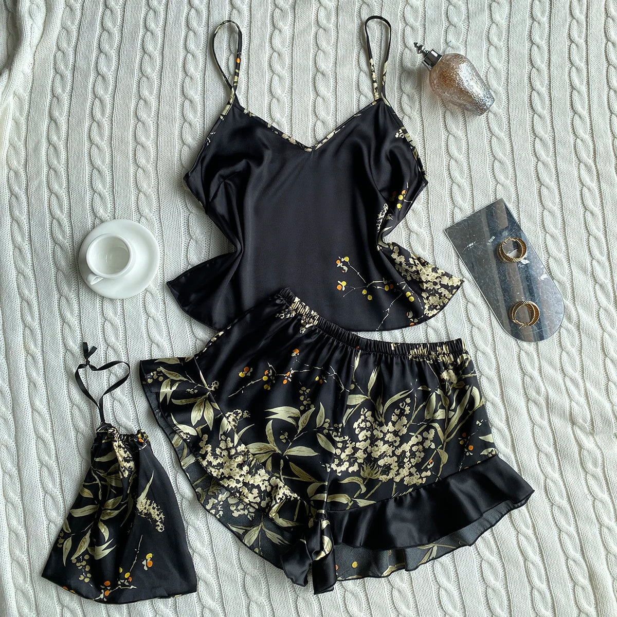Elegant Floral Print Cami Tops Ruffle Hem Shorts Pajama Set  Women's Sleepwear Loungewear