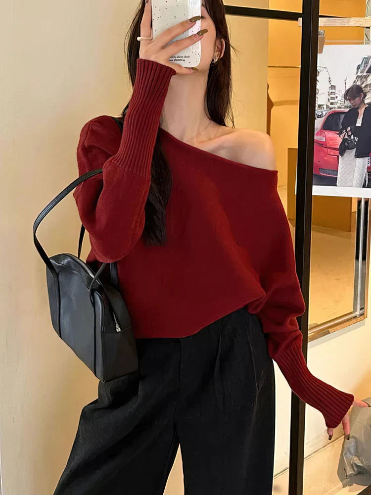 Batwing Long sleeve Knitted Pullover Women 300g Thick Off shoulder Top Korean Fashion Sweater Loose Casual Autumn Outwear Pull