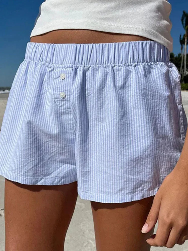 Striped Print Casual Shorts for Women Elastic Waist Fashion Button Bottoms Streetwear Chic Basic Y2K Loose Shorts
