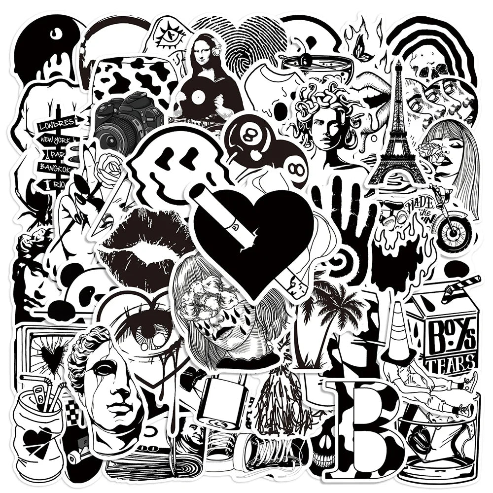 10/30/50pcs Cool Black and White Art Styling Graffiti Stickers Laptop Skateboard Motorcycle Phone Luggage Decoration Sticker Toy