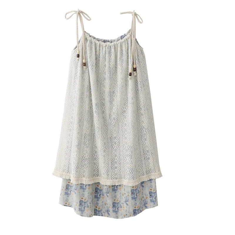 Women's Summer New French Resort Style Lace Spliced Suspender Dresses Female Slimming Temperament Age-reducing Mid-length Dress