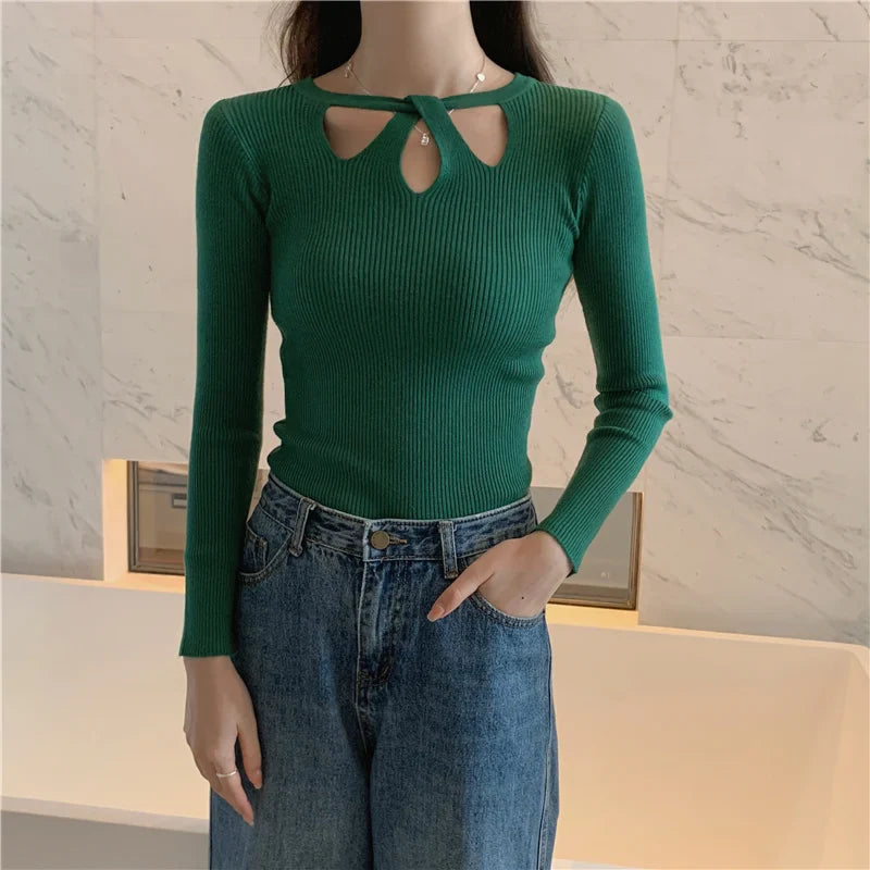 2024 New Autumn and Winter Women's Slim Stretch Sexy Pullover Hollow Solid Color Sweater Slim Bottoming Shirt Sweater Ladies