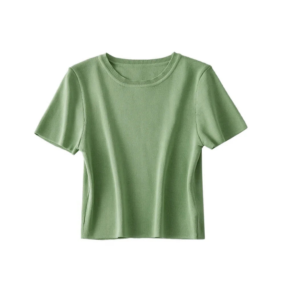 Women Fashion Striped Basic Cropped Knit Sweater Vintage O Neck Short Sleeve Female Pullovers Chic Tops