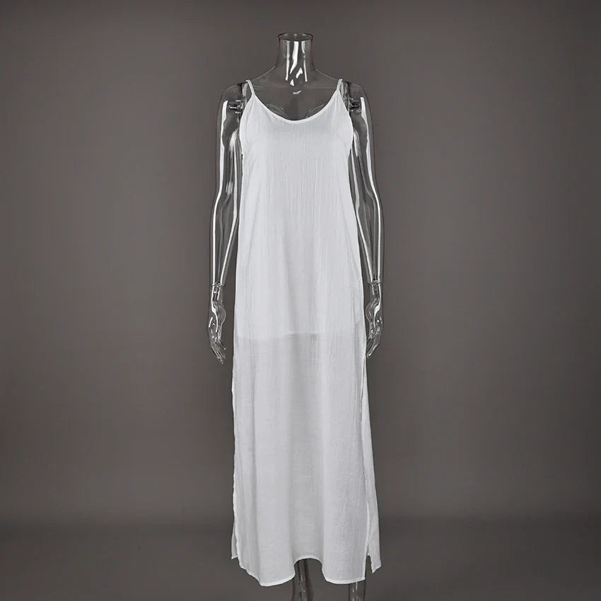 Linad Summer Casual White Long Dress Sexy Loose Backless Split Dresses Woman Street Chic V Neck Straight Dress For Women 2025