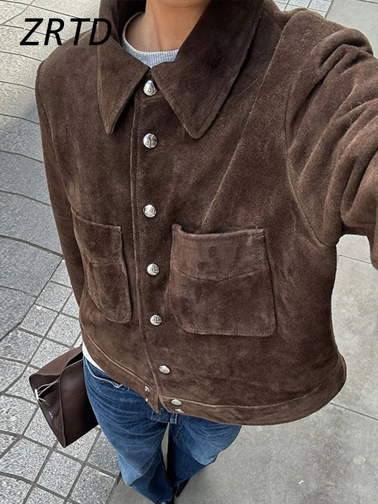 Street Women's Short Brown Suede Jacket Lapel Single Breasted Full Sleeve Pocket Female Coats 2025 Autumn Lady Commute Outerwear
