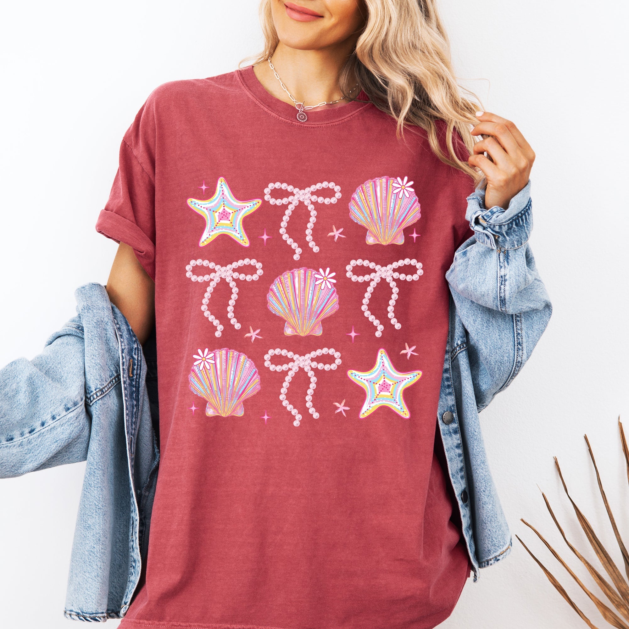 Seashell Beach Coquette Pearls Ribbon Summer Sunset Limited Edition Coastal Print Comfort Colors Tee
