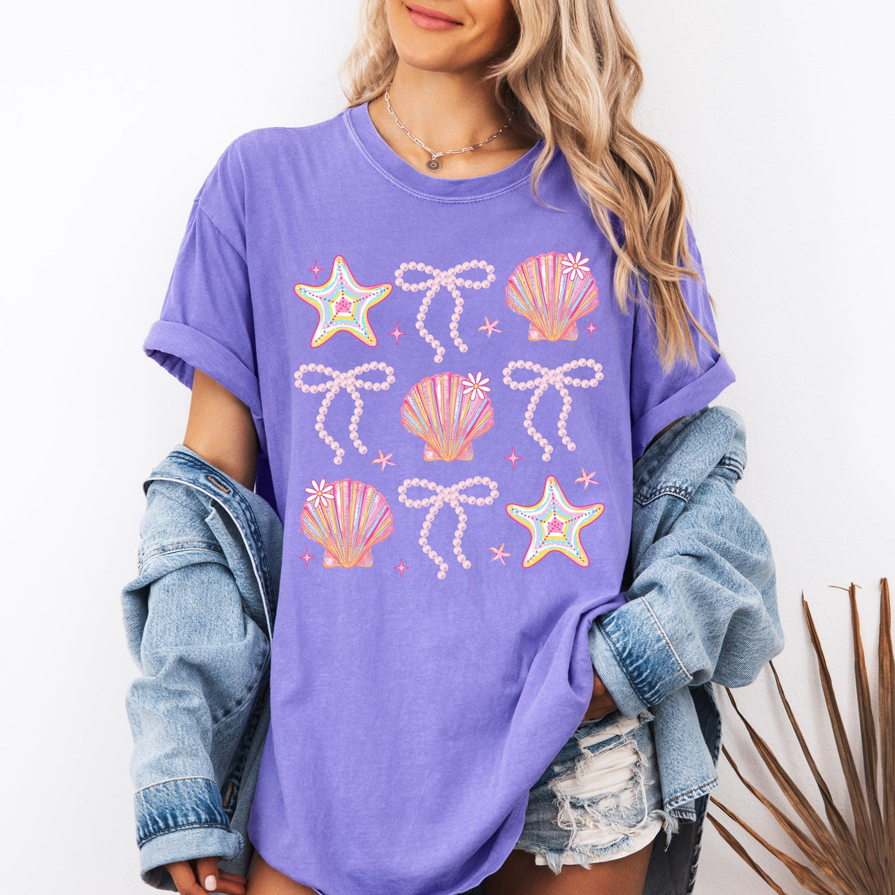 Seashell Beach Coquette Pearls Ribbon Summer Sunset Limited Edition Coastal Print Comfort Colors Tee