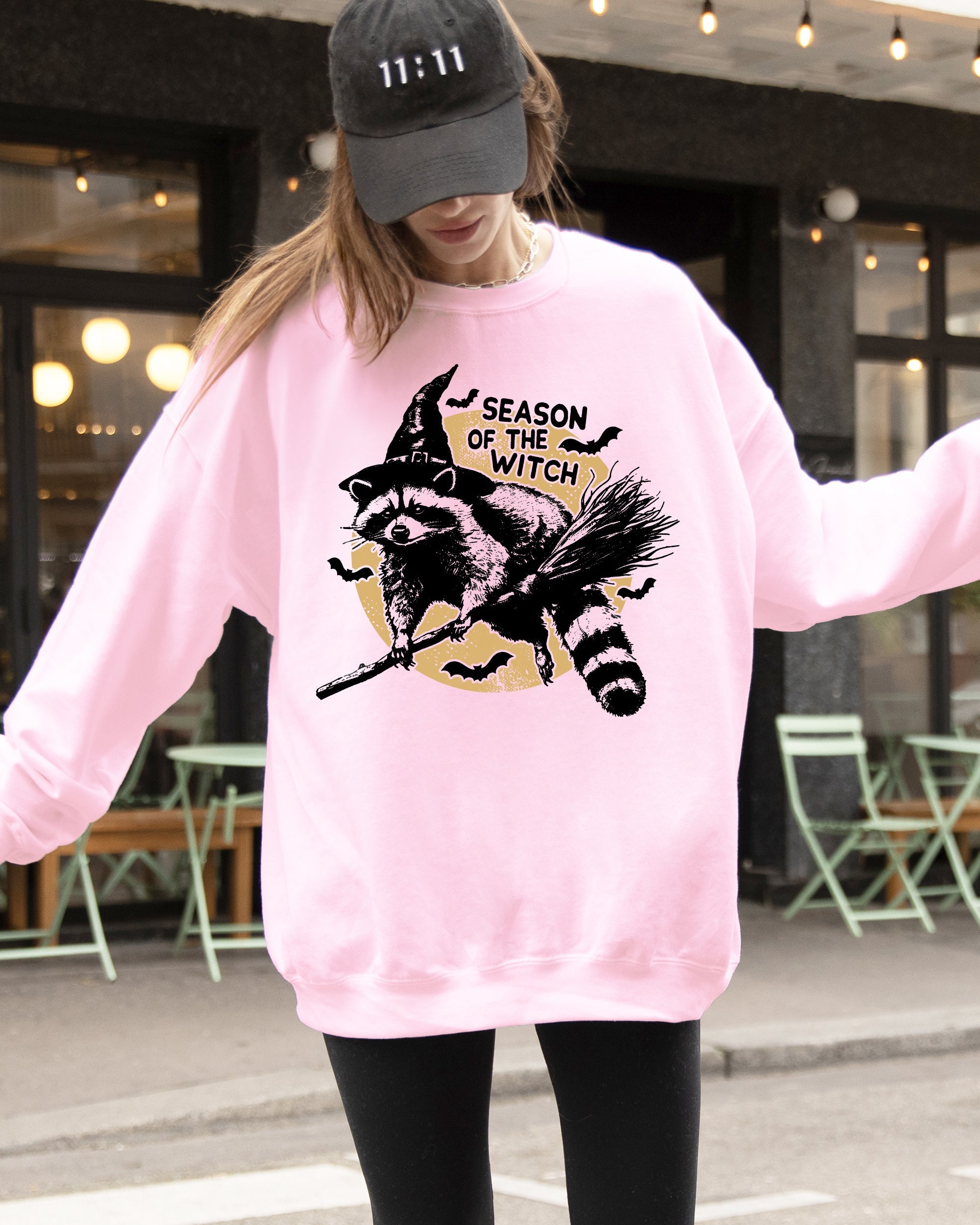Season Of The Witch Raccoon Halloween Meme Bats Moon Spooky Midnight Graphic Sweatshirt