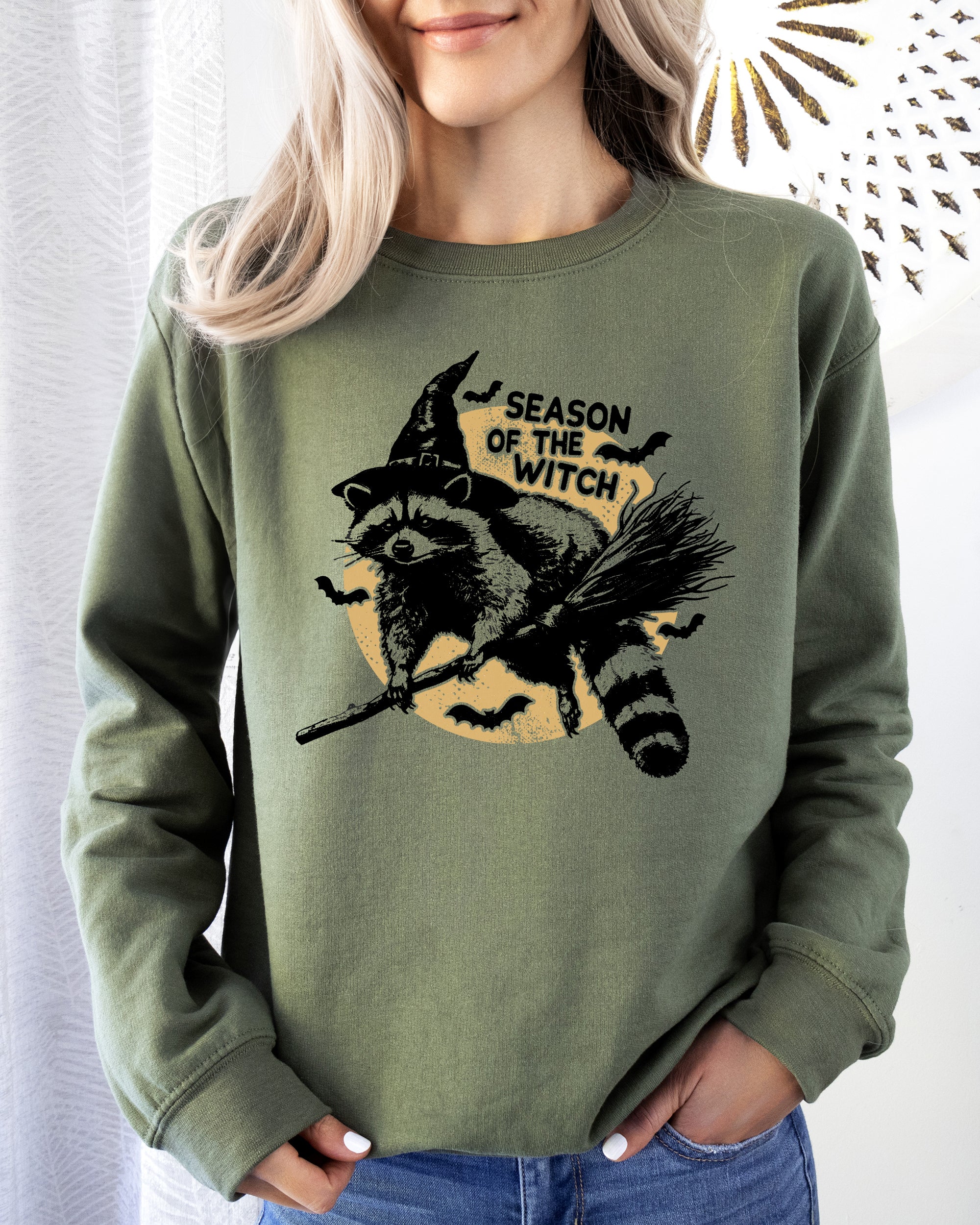 Season Of The Witch Raccoon Halloween Meme Bats Moon Spooky Midnight Graphic Sweatshirt