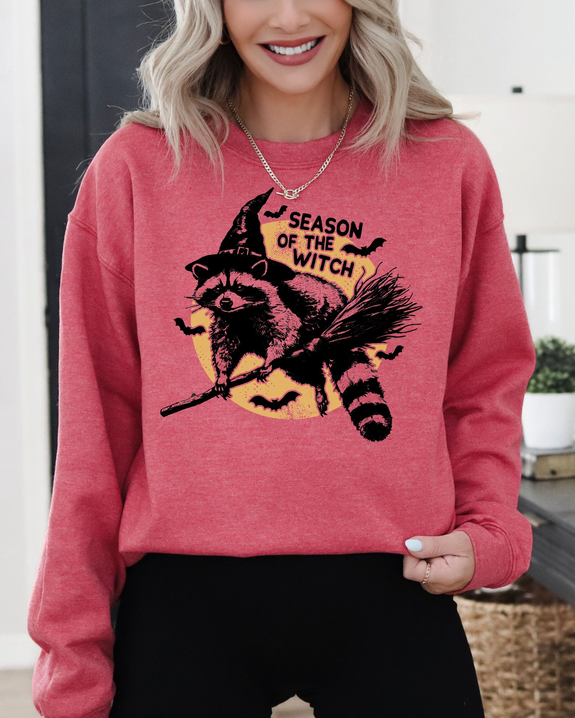 Season Of The Witch Raccoon Halloween Meme Bats Moon Spooky Midnight Graphic Sweatshirt