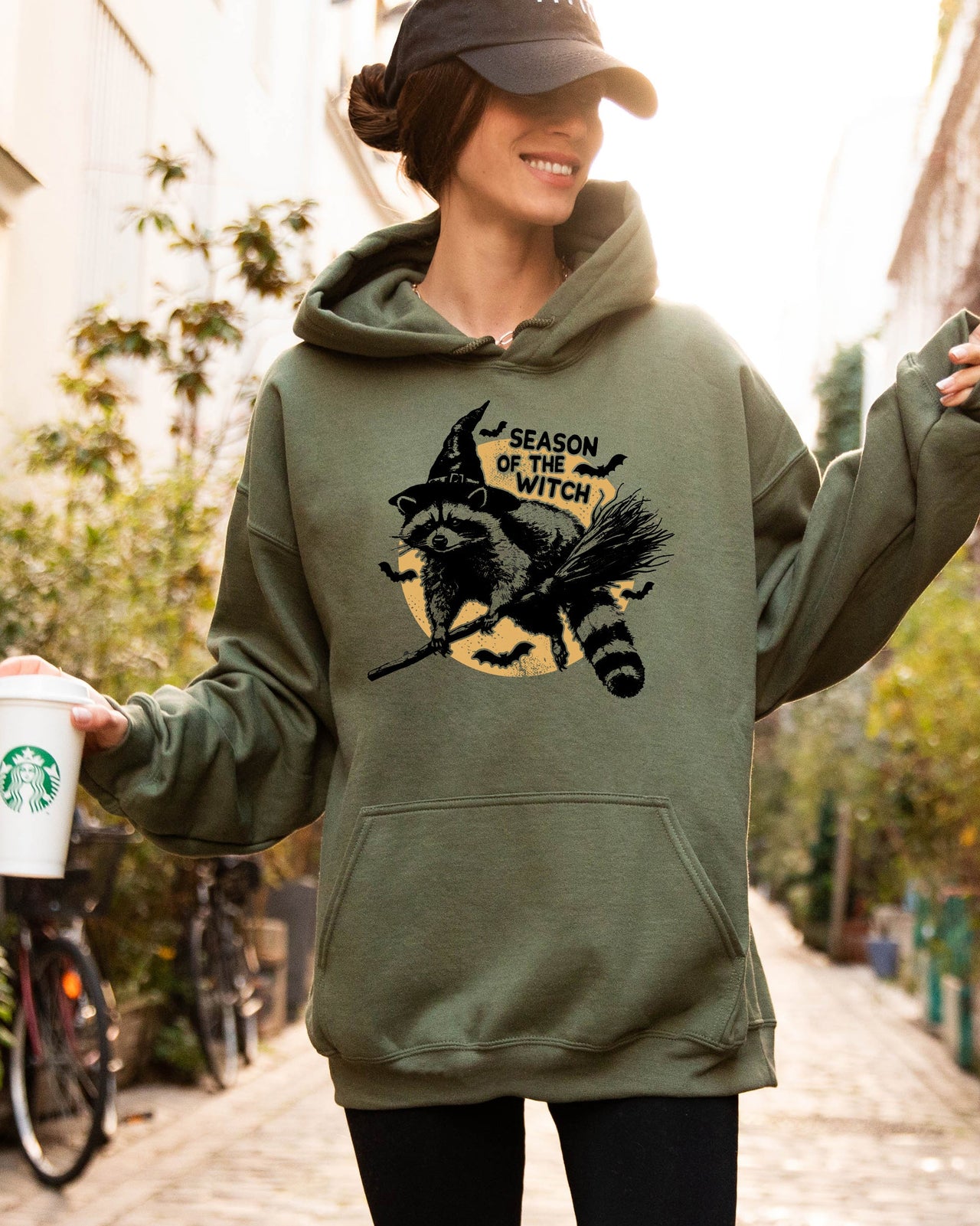 Season Of The Witch Cute Raccoon Halloween Meme Bats Moon Spooky Hooded Sweatshirt