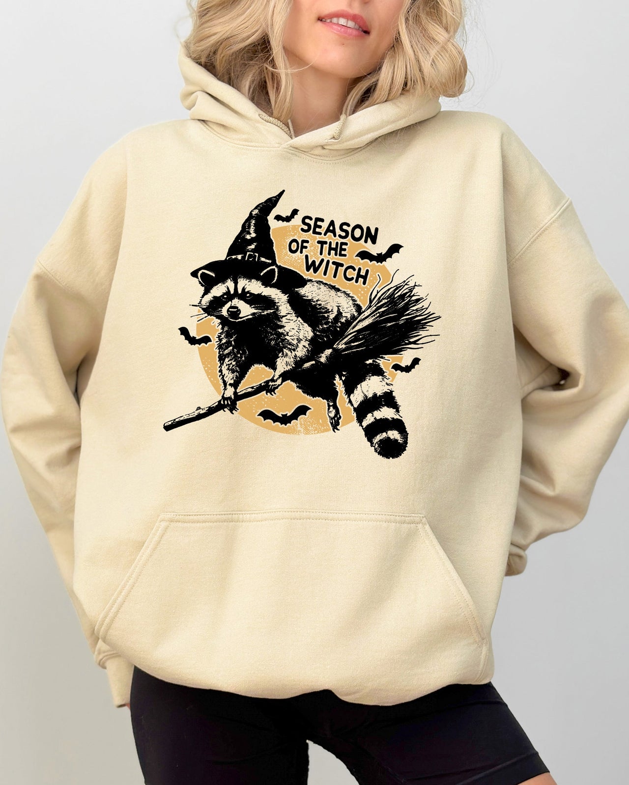 Season Of The Witch Cute Raccoon Halloween Meme Bats Moon Spooky Hooded Sweatshirt