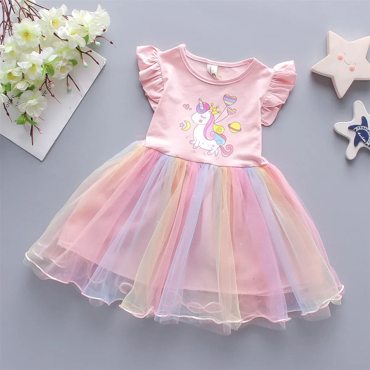 A Cute Girl'S Dress From 0 To 3 Years Old In Summer Sleeveless Love Trojan Horse Print Patchwork Rainbow Mesh Daily Casual Dress
