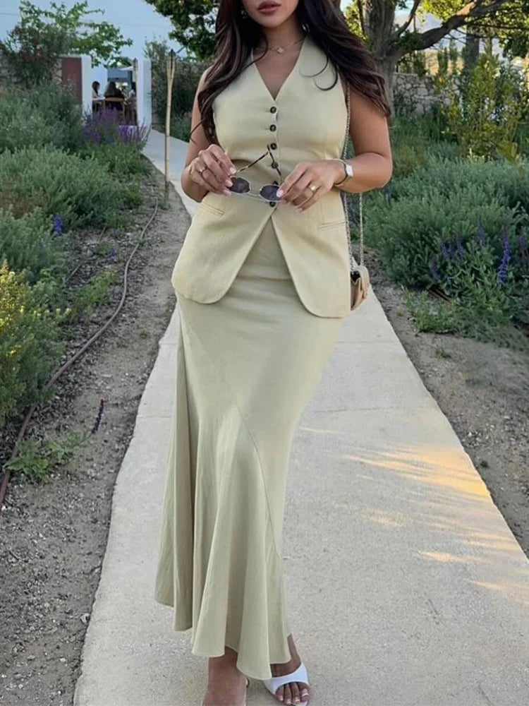HH Women 2024 Fashion Summer Vest Skirt Sets Khaki V-Neck Sleeveless Pockets Waistcoats+High Waist Asymmetrical Skirt Suits