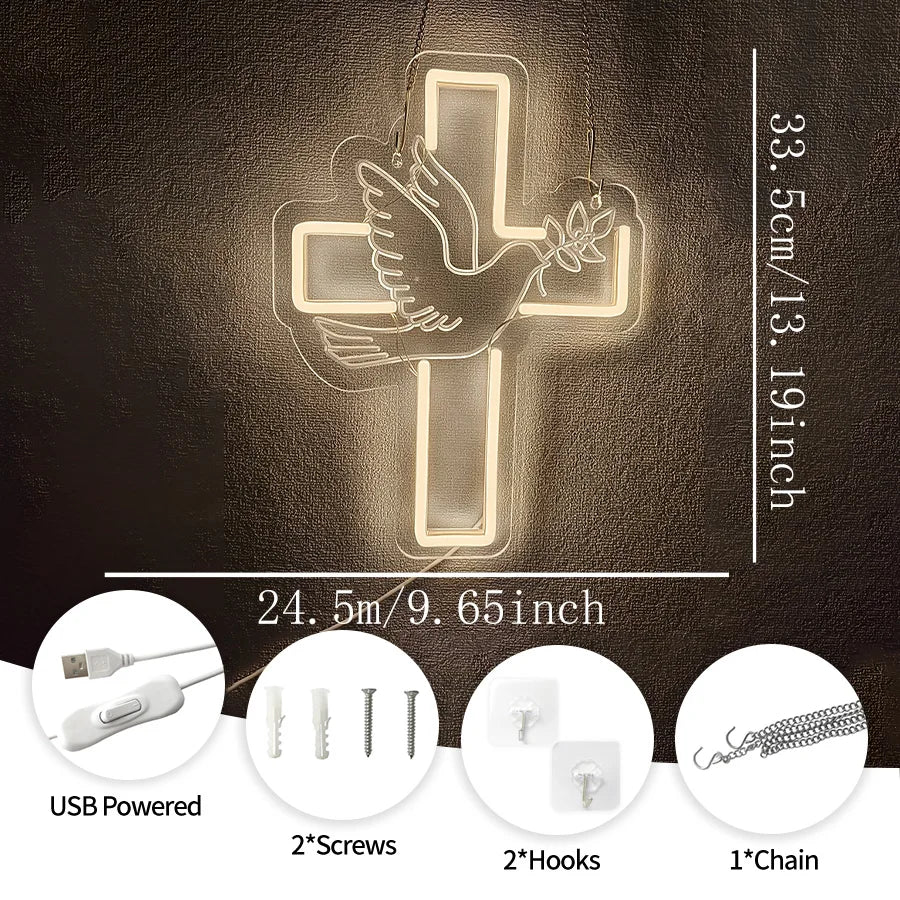 Cross Led Neon Sign, Warm White Dove Icon Usb Powered For Jesus Church, Wedding,Home, Easter Activities Decor, Easy To Hang.