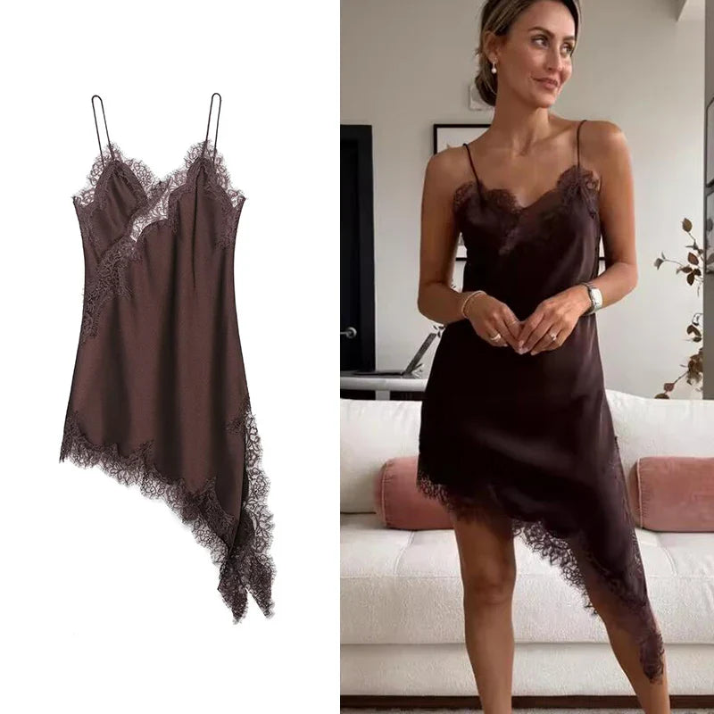 TFMLN Women Sexy Lace Splicing Dresses Summer Solid Sleeveless Asymmetry Dress Backless Slim Women's  Party Sling Mini Dress