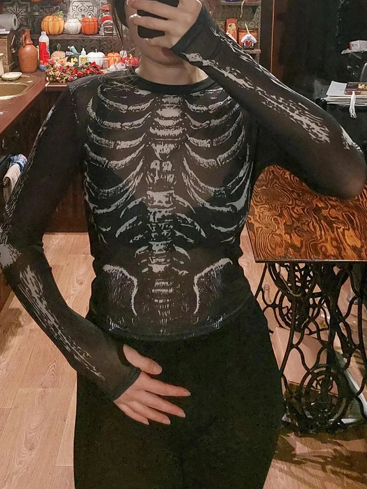 Gothic Punk Shirt 2000s Women Skeleton Pattern Round Neck Long Sleeve Crop Top Black Dark Academia Clothes y2k Tees Streetwear
